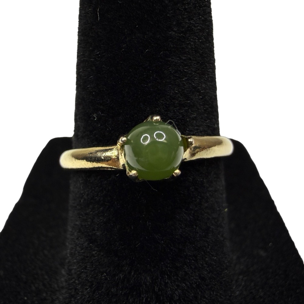 Vintage 18K GE Gold Electroplated Green Jade Cabochon Solitaire Ring Size 7